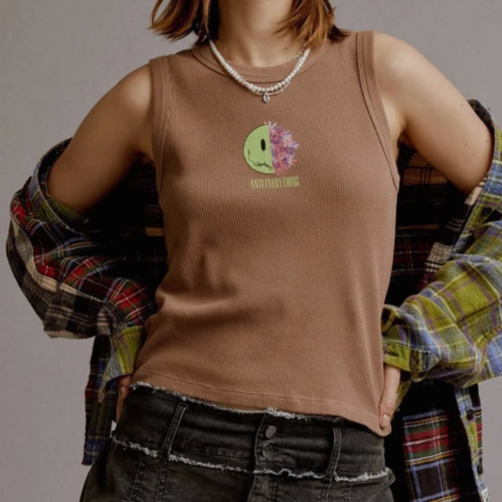 Daydreamer Brown Ribbed Graphic Tank with Neon Green Accent